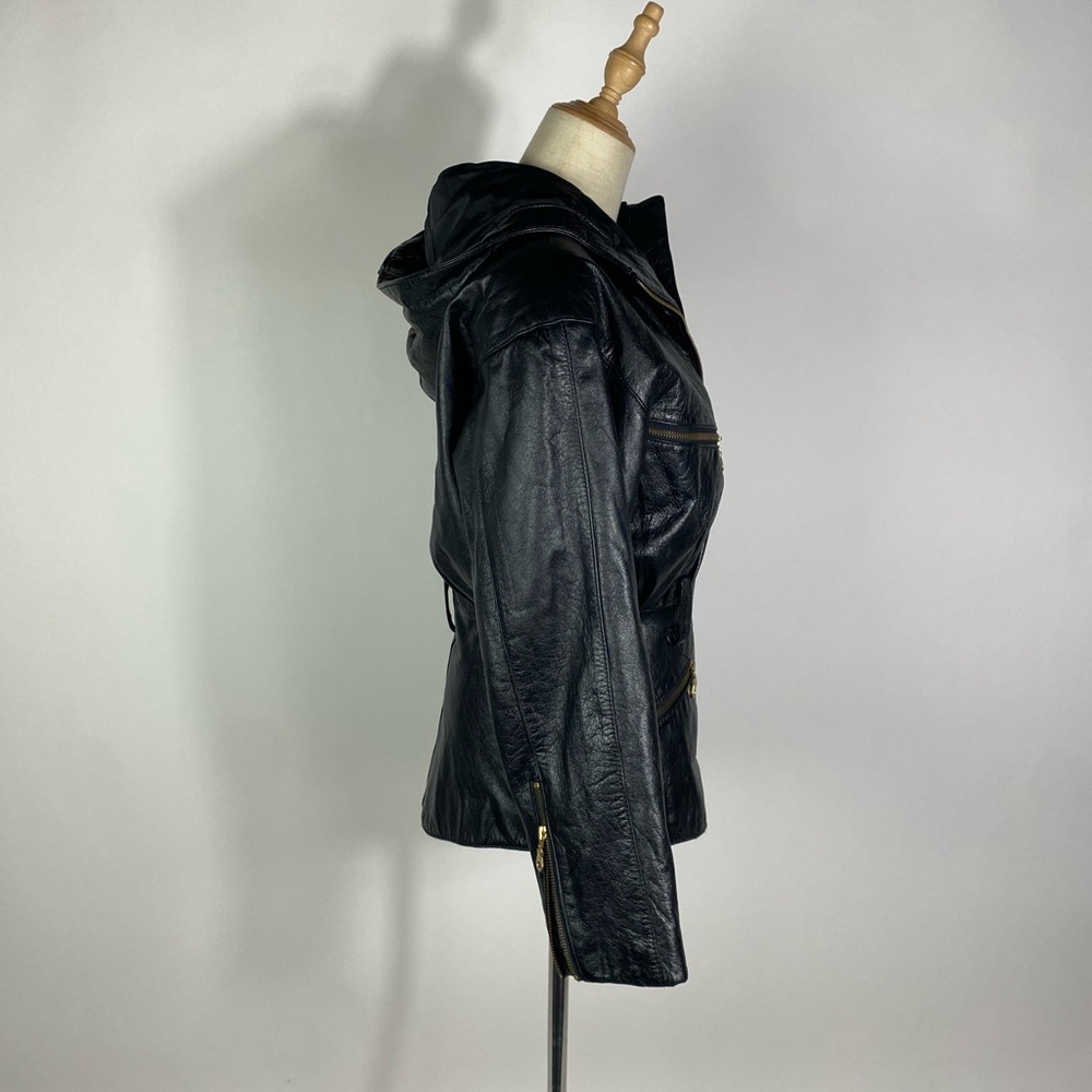 VINTAGE WILSONS Womens 90s Leather Hooded Moto Jacket Gold Tone Hardware XS - Picture 5 of 12